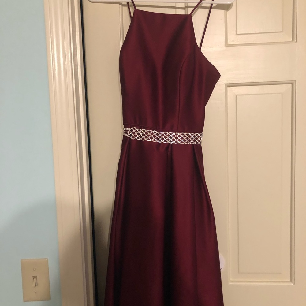 burgundy halter top prom dress